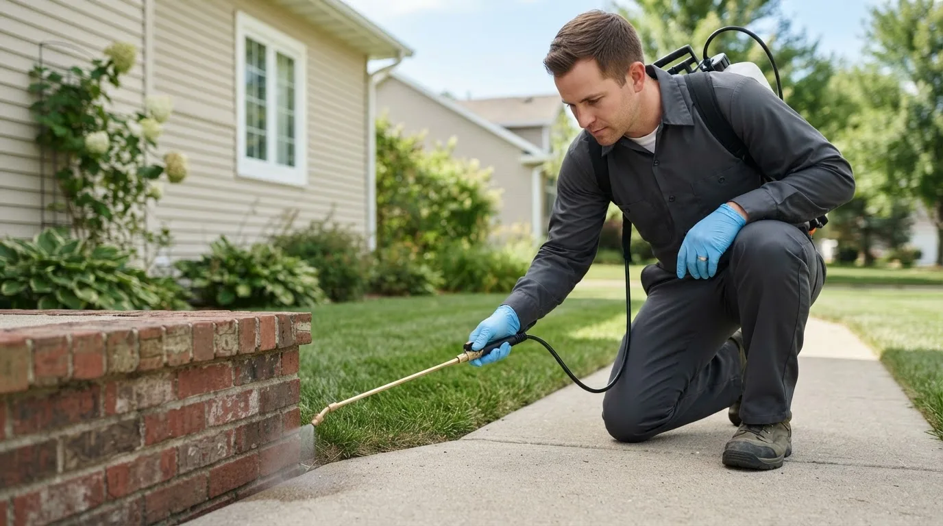 Pest control technician treating a home near Randallstown, MD